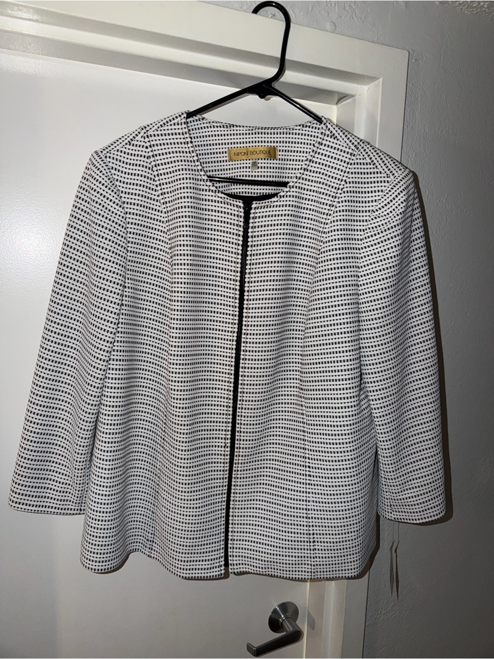 Nipon Boutique White Jacket with Black Grid Trim 18 W
